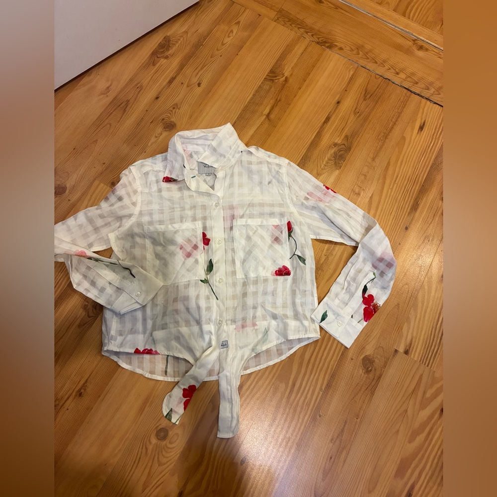 Rails women’s Sz XS Kelsey Floral Powder Check Blouse with from tie